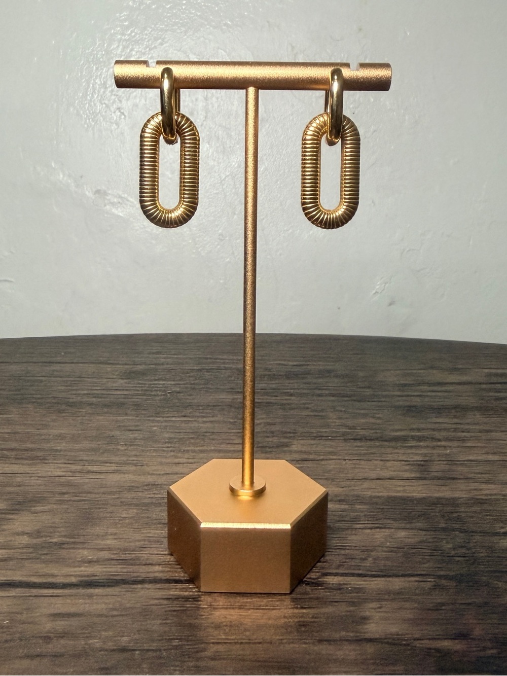 Gold Textured Oval Link Drop Earrings
